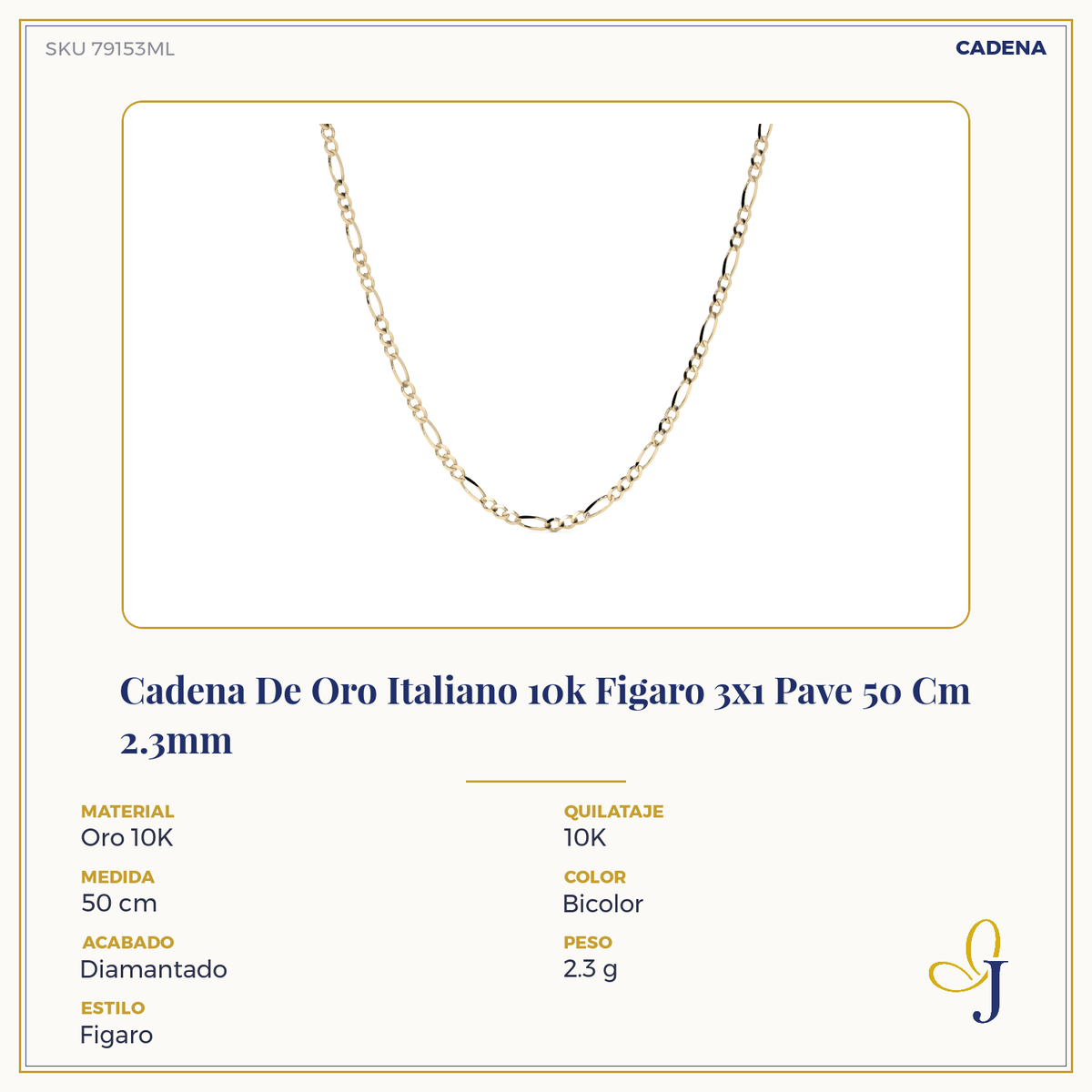 Cadena De Oro Italiano 10k Figaro 3x1 Pave 50 Cm 2.3mm