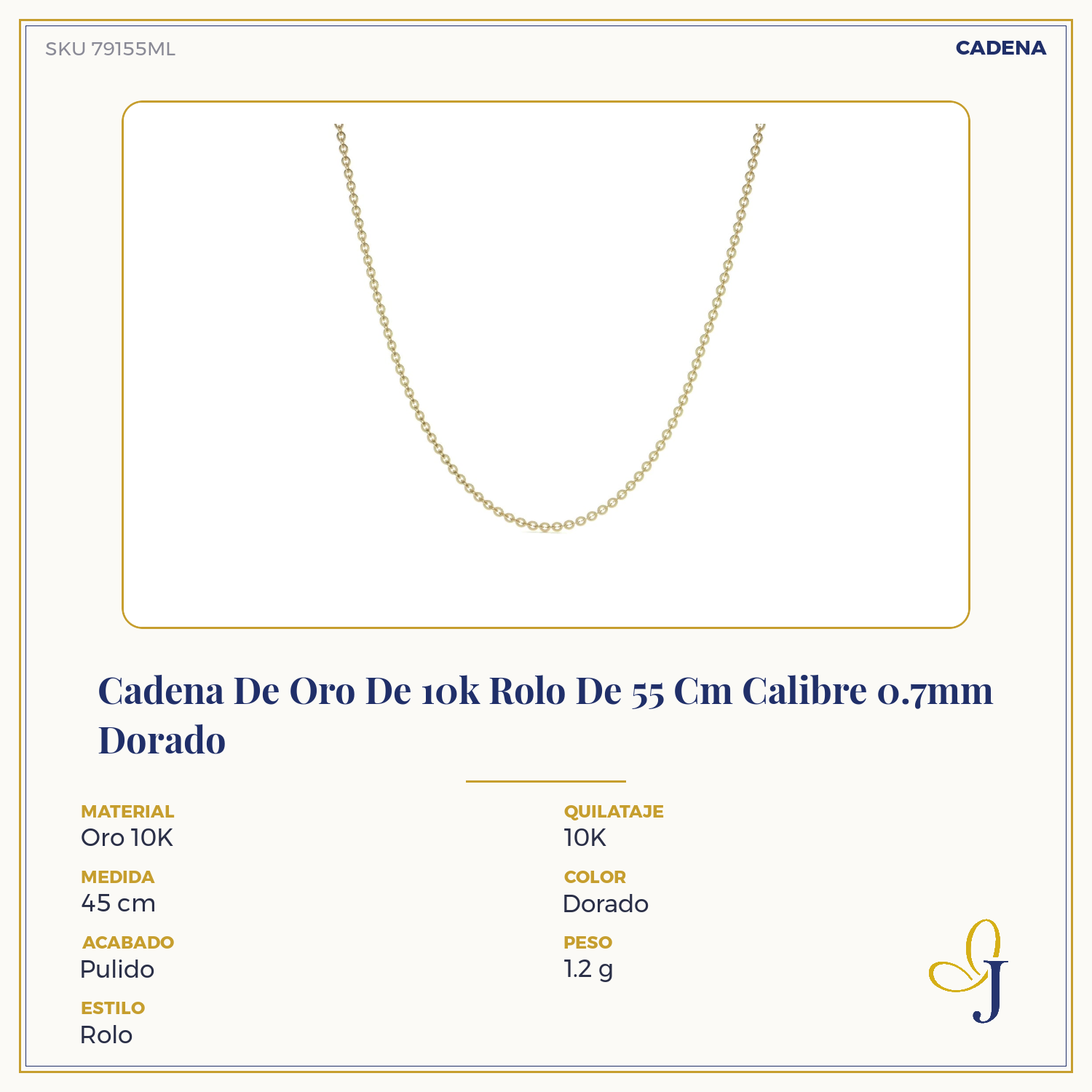 Cadena De Oro De 10k Rolo De 55 Cm Calibre 0.7mm