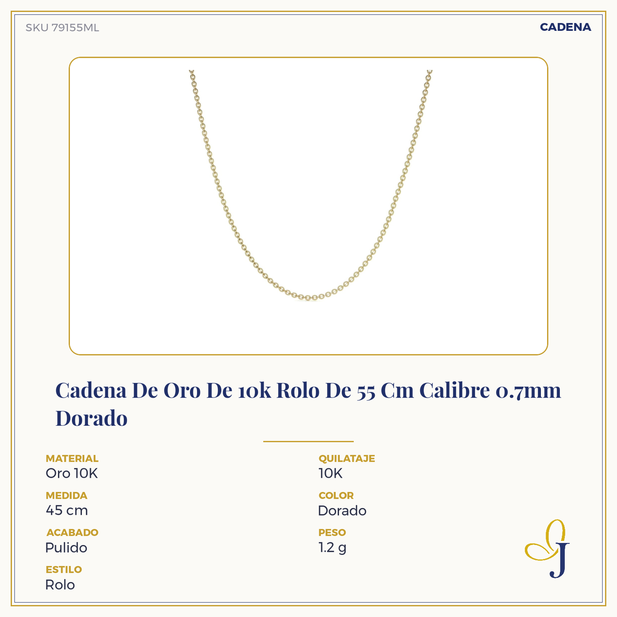 Cadena De Oro De 10k Rolo De 55 Cm Calibre 0.7mm