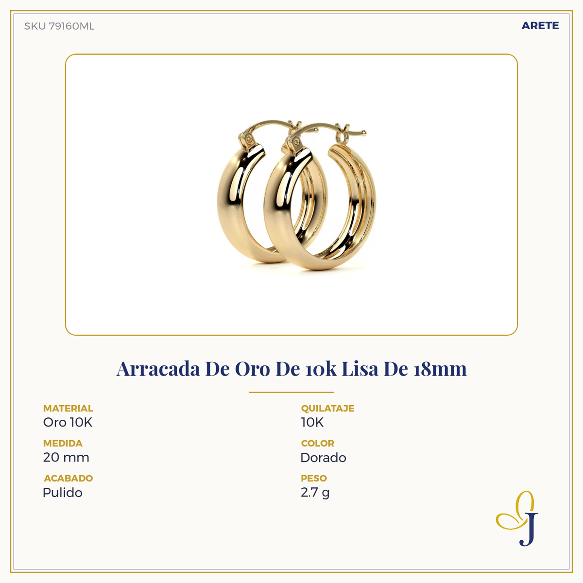 Arracada Bangle De Oro De 14k Lisa De 15mm, 6mm de Ancho