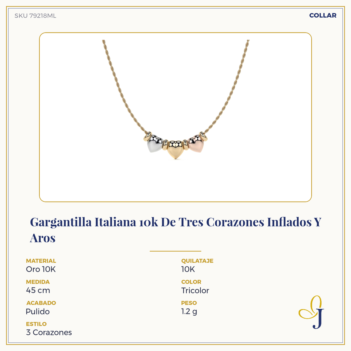 Gargantilla Italiana 10k De Tres Corazones Inflados Y Aros