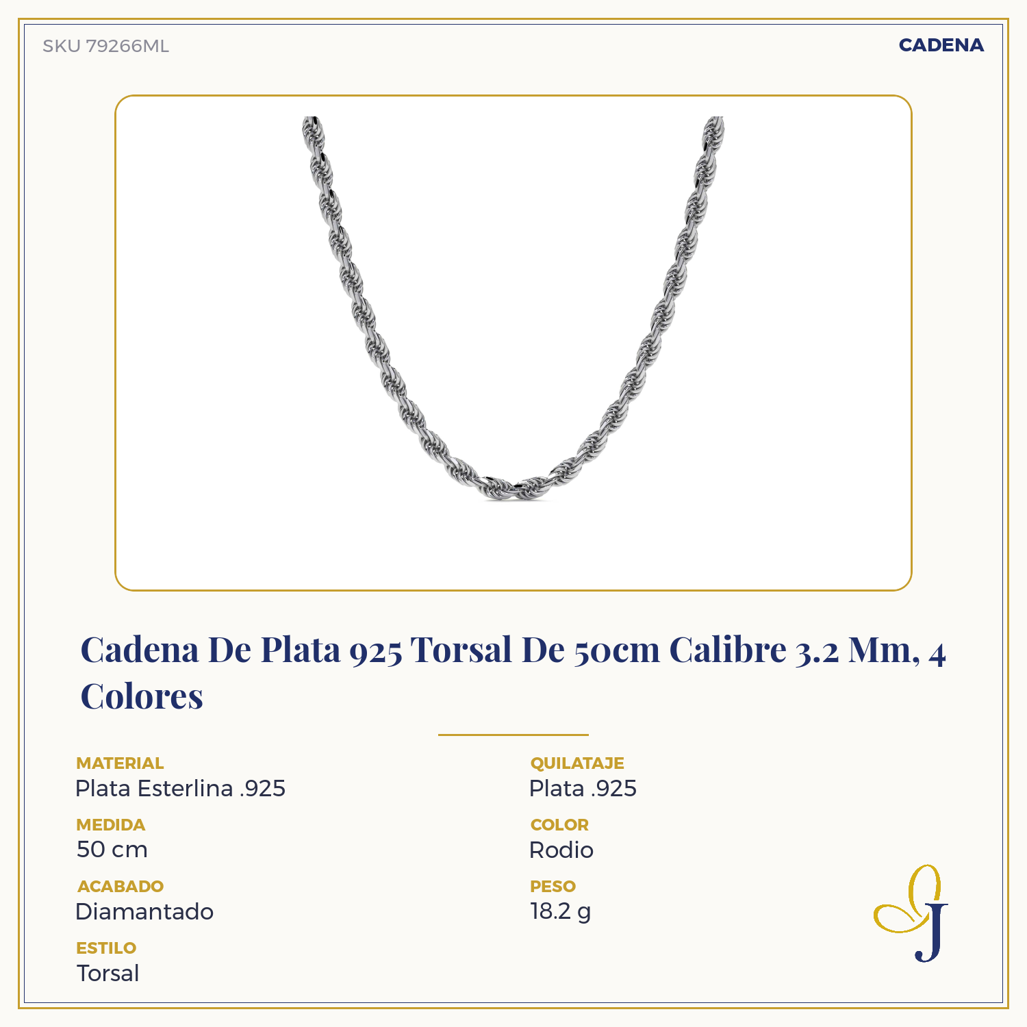 Cadena De Plata 925 Torsal De 50cm Calibre 3.2 Mm, 4 Colores