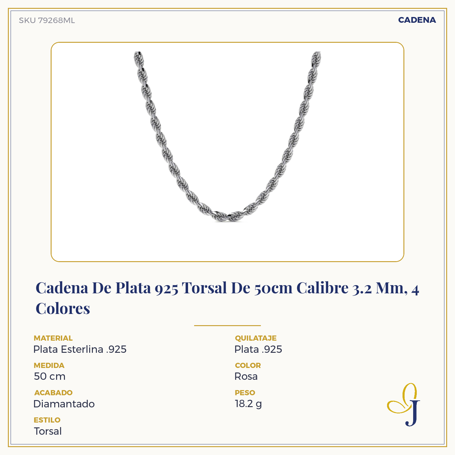 Cadena De Plata 925 Torsal De 50cm Calibre 3.2 Mm, 4 Colores