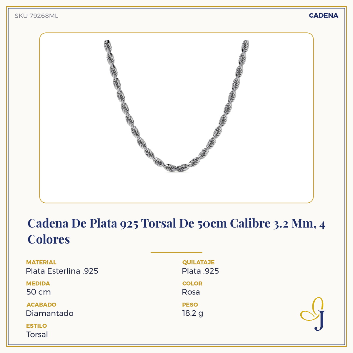 Cadena De Plata 925 Torsal Calibre 3.2 Mm, 4 Colores