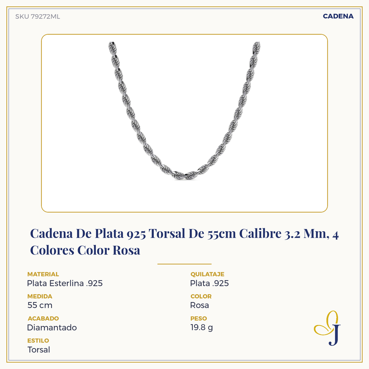 Cadena De Plata 925 Torsal Calibre 3.2 Mm, 4 Colores