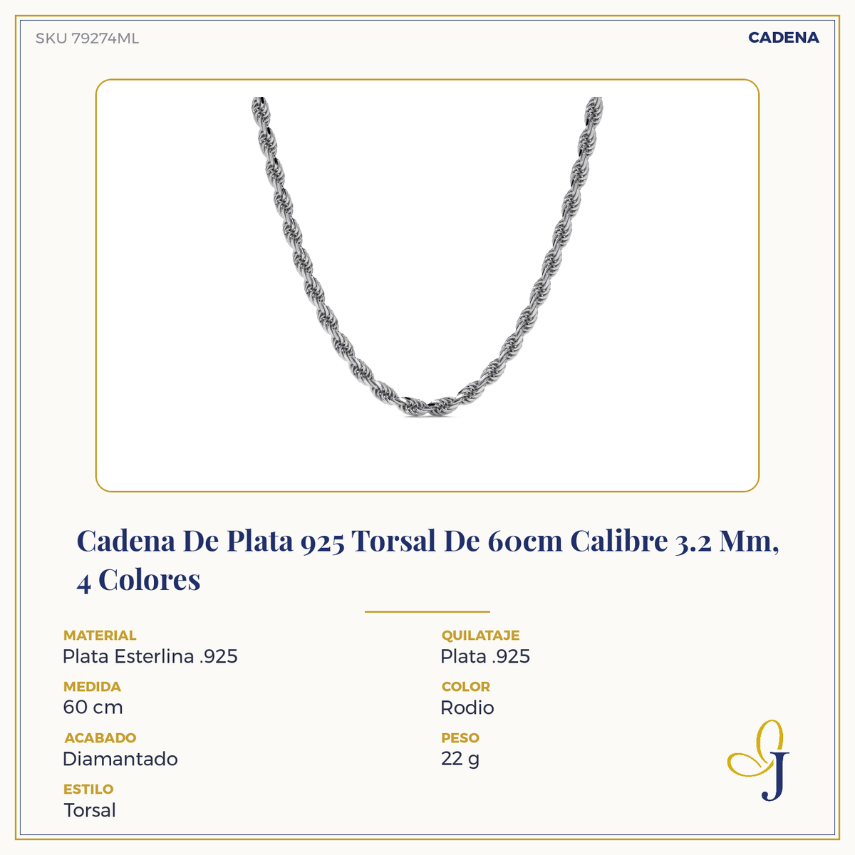 Cadena De Plata 925 Torsal Calibre 3.2 Mm, 4 Colores
