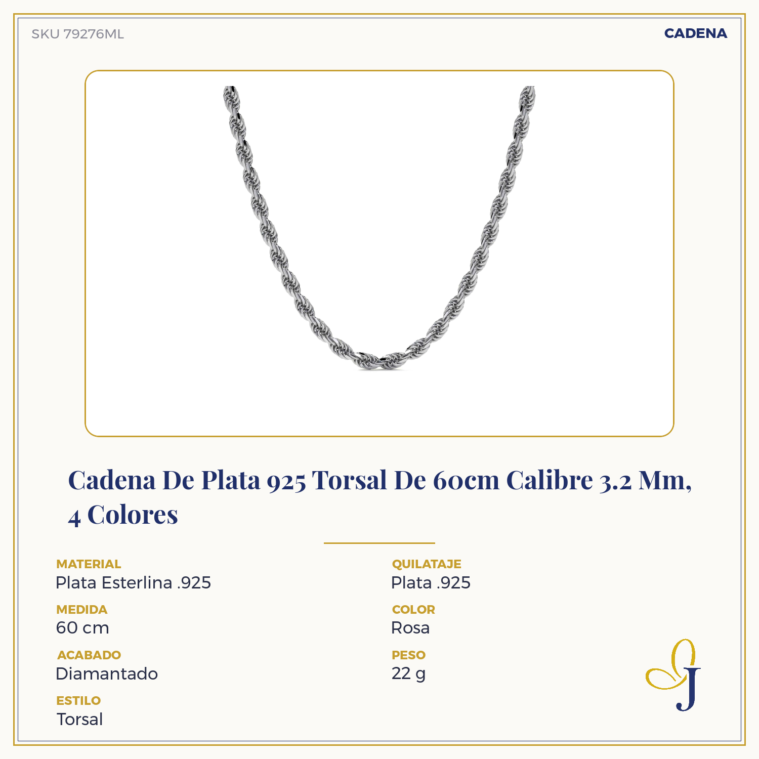 Cadena De Plata 925 Torsal De 60cm Calibre 3.2 Mm, 4 Colores