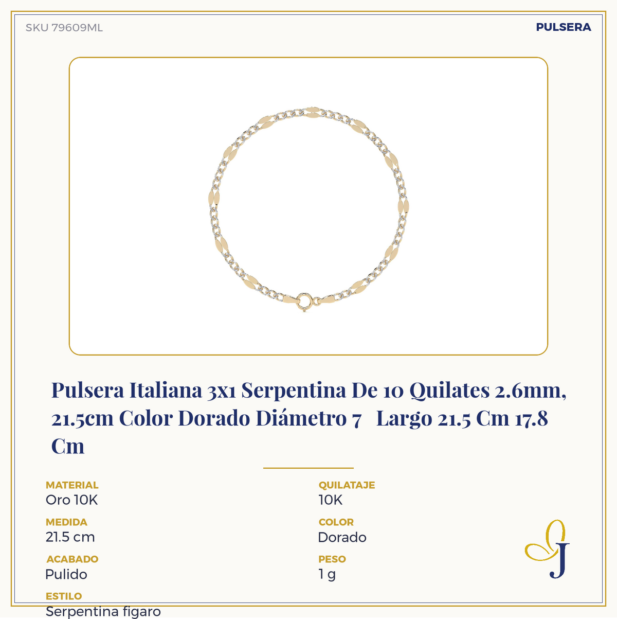 Pulsera Italiana 3x1 Serpentina De 10 Quilates 2.6mm, 21.5cm