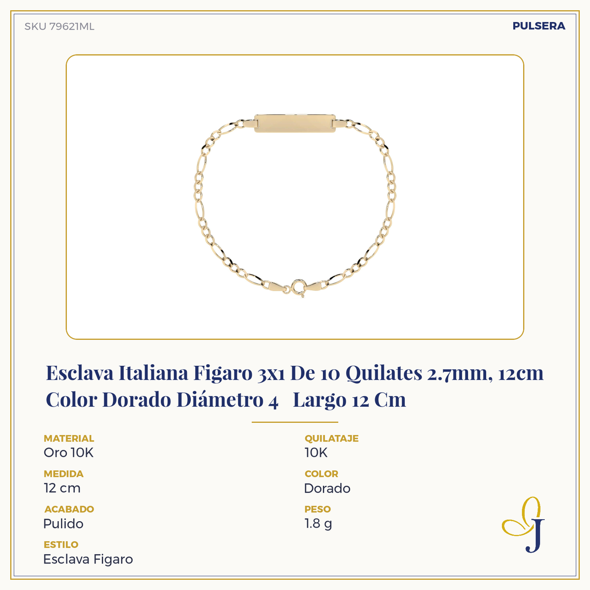 Esclava Italiana Figaro 3x1 De 10 Quilates 2.7mm, 18cm Color Dorado Diámetro 6 Largo 18 Cm 15.2 Cm