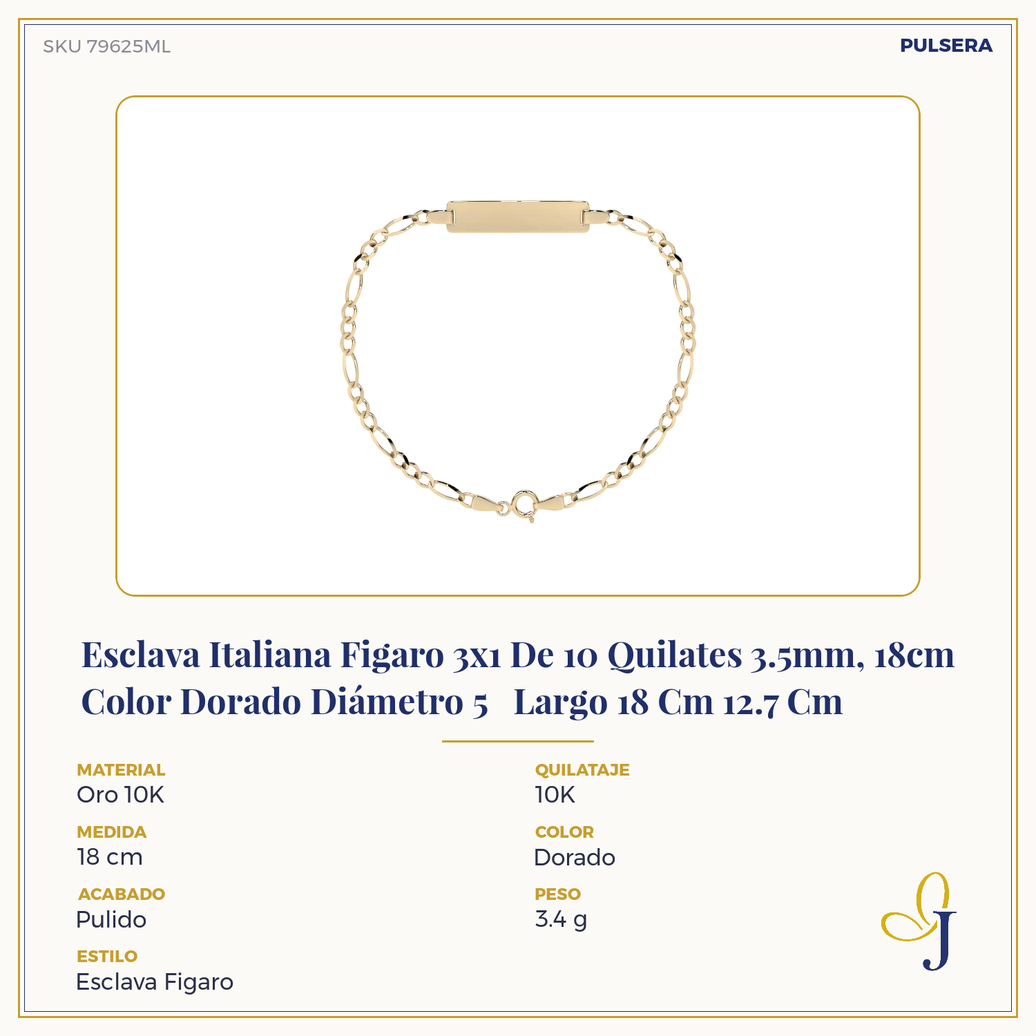 Esclava Italiana Figaro 3x1 De 10 Quilates 3.5mm, 18cm Color Dorado Diámetro 5 Largo 18 Cm 12.7 Cm
