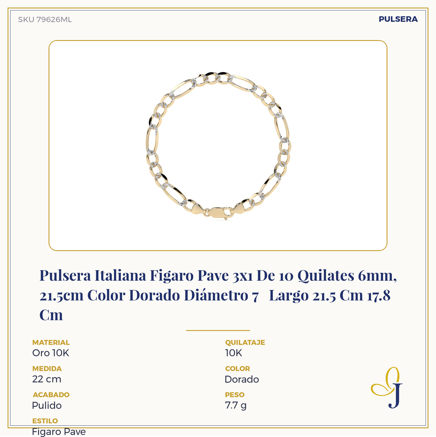 Pulsera Italiana Figaro Pave 3x1 De 10 Quilates 6mm, 21.5cm Color Dorado Diámetro 7 Largo 21.5 Cm 17.8 Cm
