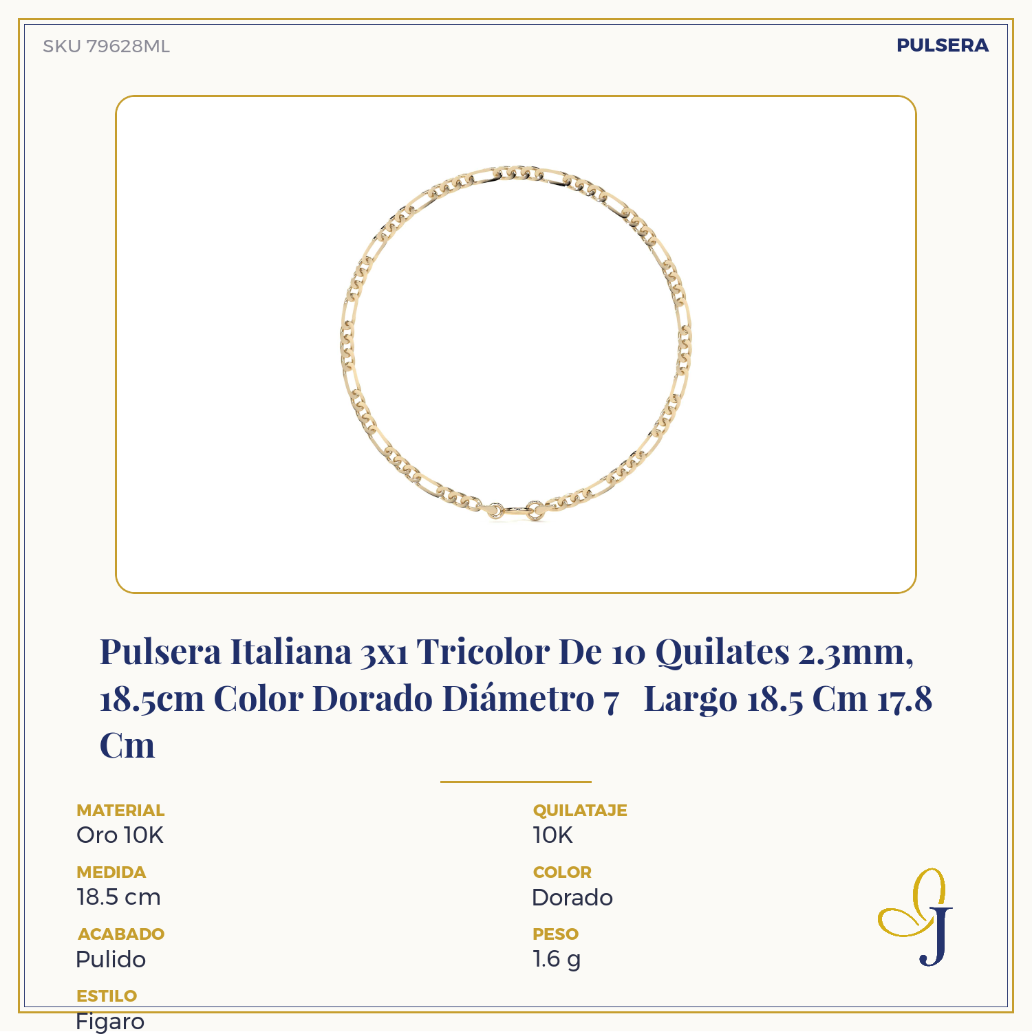 Pulsera Italiana 3x1 Tricolor De 10 Quilates 2.3mm, 18.5cm Color Dorado Diámetro 7 Largo 18.5 Cm 17.8 Cm