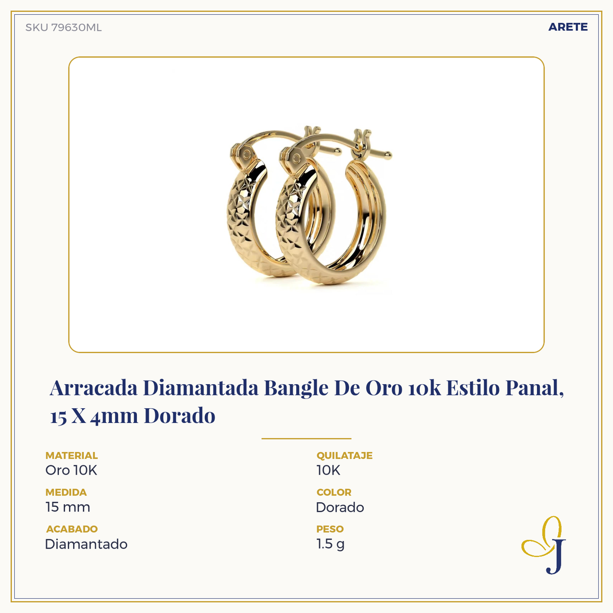 Arracada Diamantada Bangle De Oro 10k Estilo Panal, 15 X 4mm Dorado
