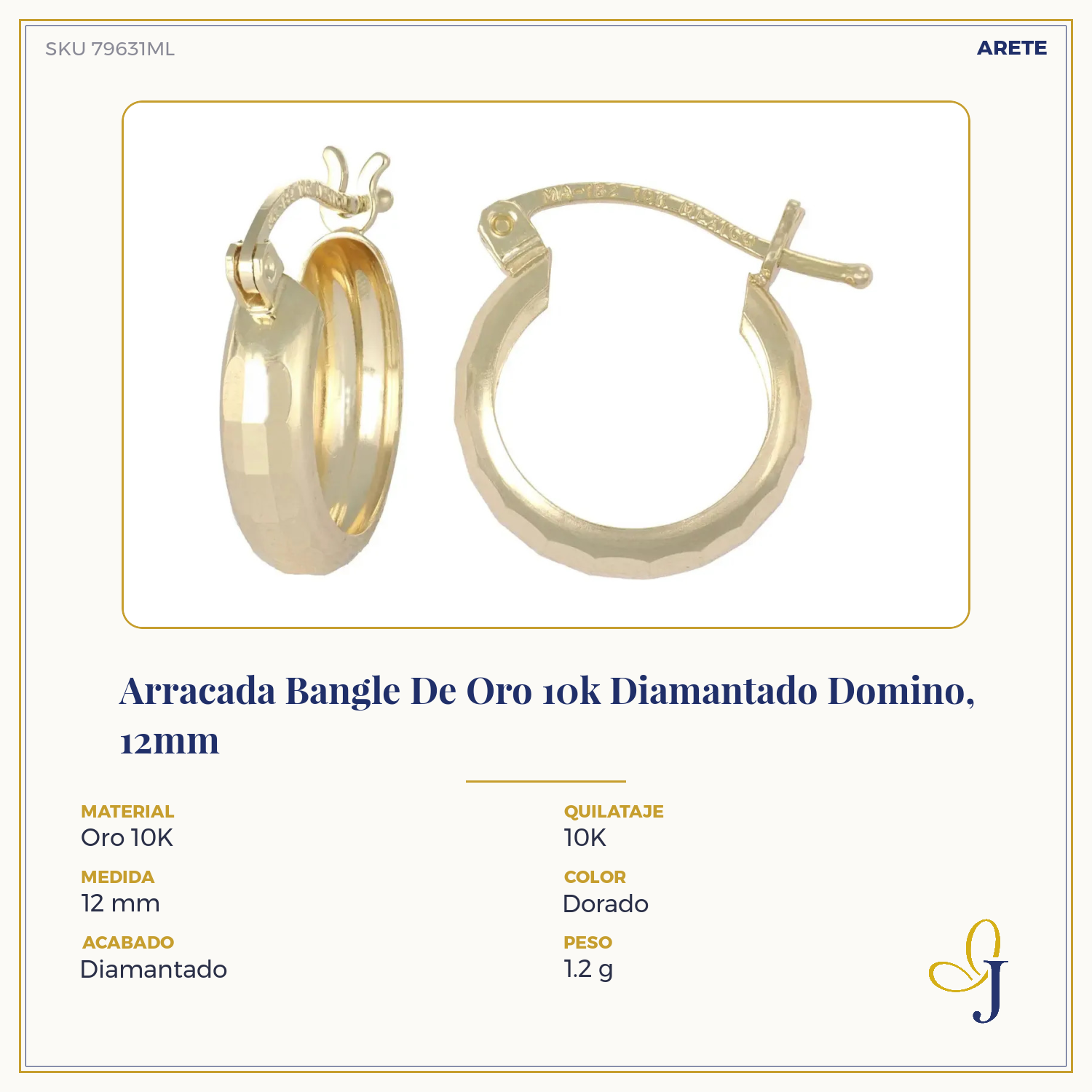 Arracada Bangle De Oro 10k Diamantado Domino, 15mm