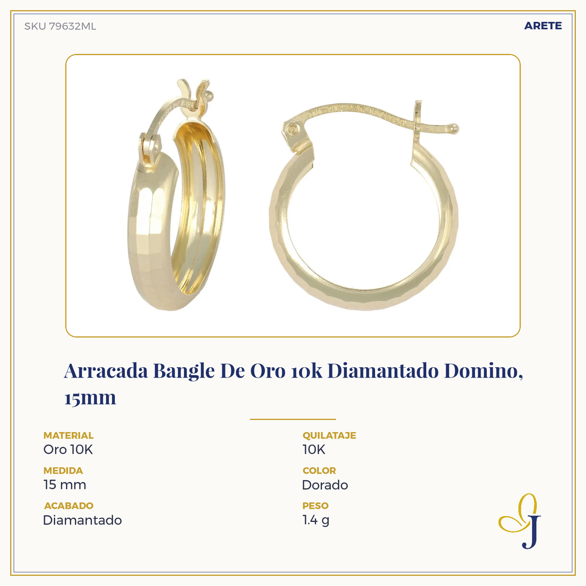 Arracada Bangle De Oro 10k Diamantado Domino, 15mm