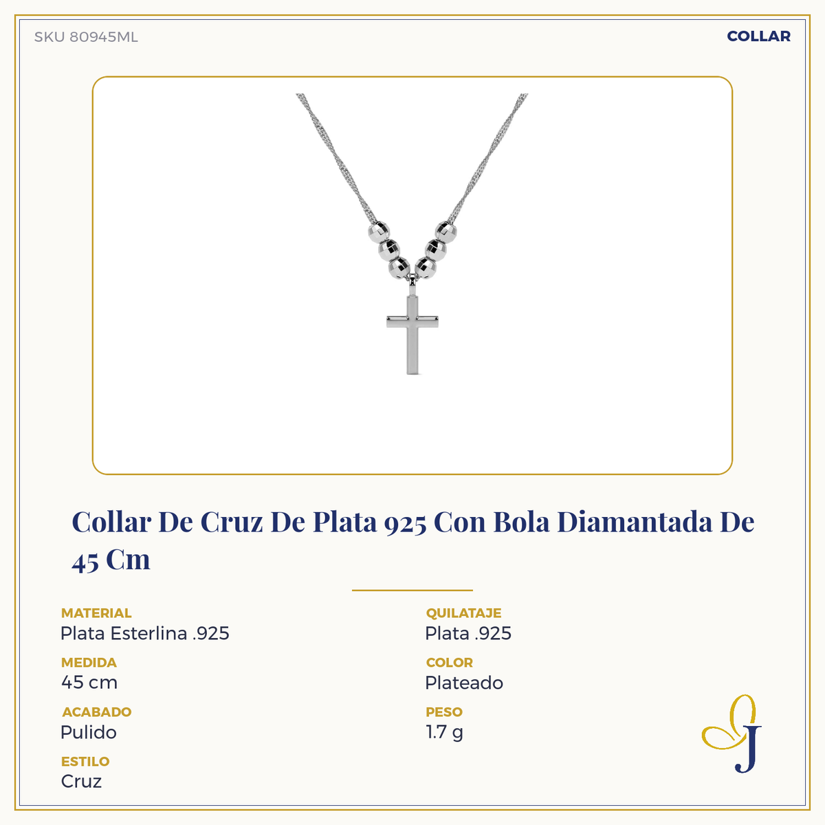 Collar De Cruz De Plata 925 Con Bola Diamantada De 45 Cm