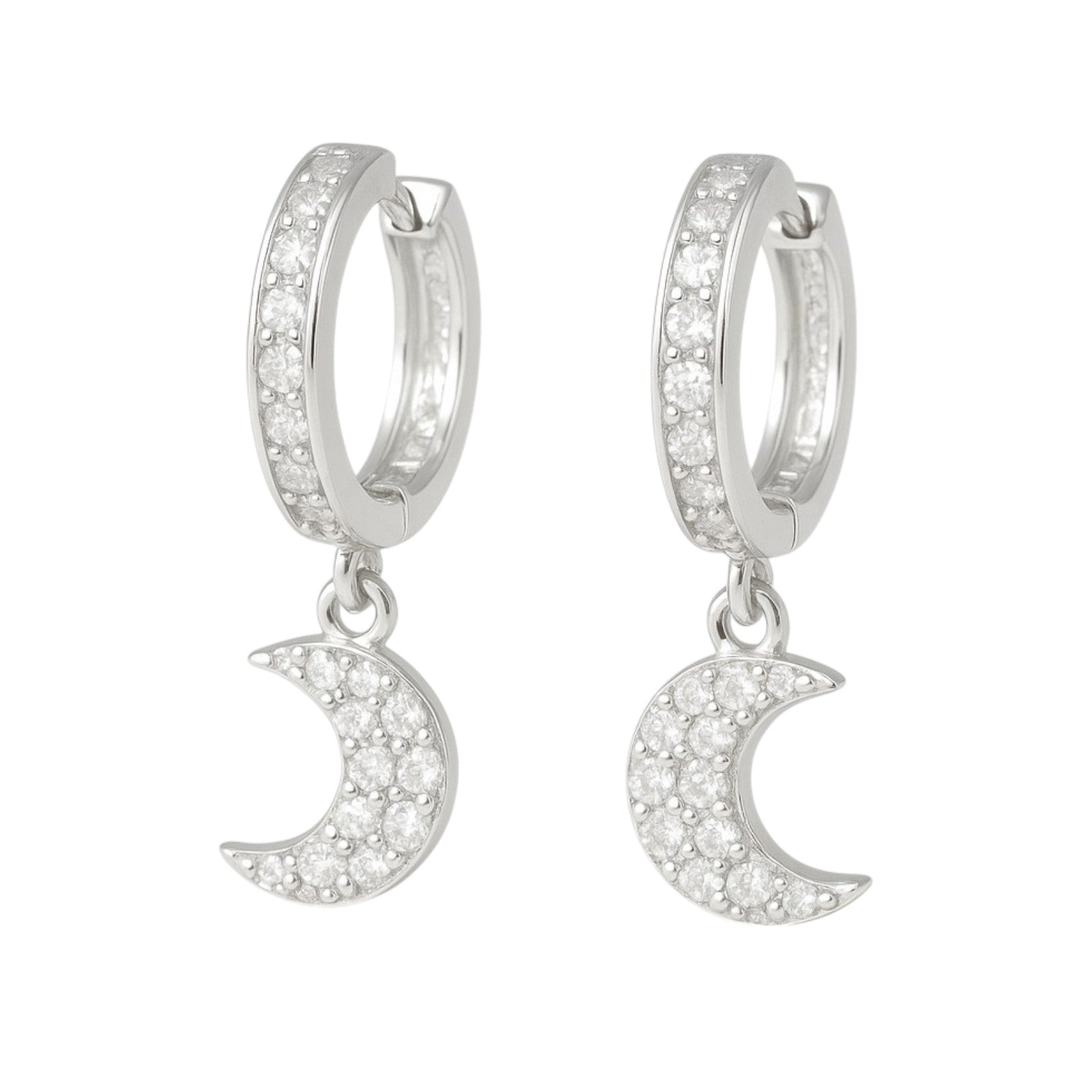 Arete Huggie De Plata 925 Con Colgate De Luna Y zirconias