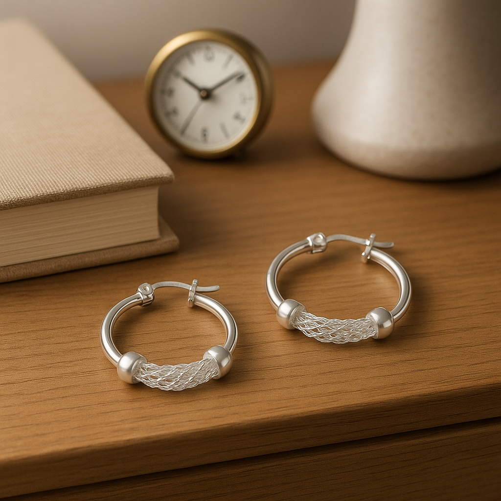 Arete Arracada Liso con Malla De Plata 925 Con Malla De 15 Mm