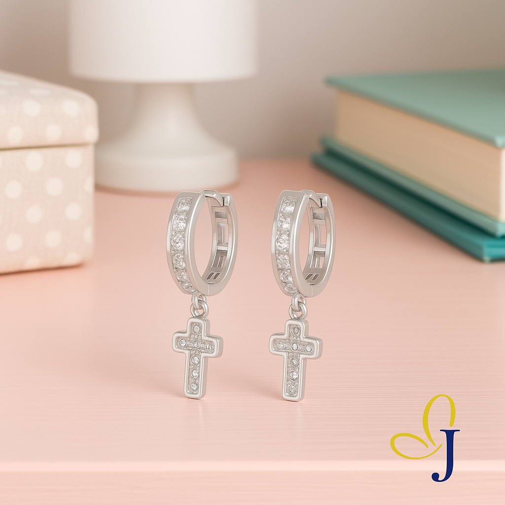 Arete Huggie De Plata 925 Dijes de Cruz y Zirconia