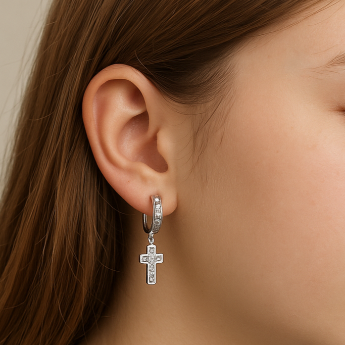 Arete Huggie De Plata 925 Dijes de Cruz y Zirconia