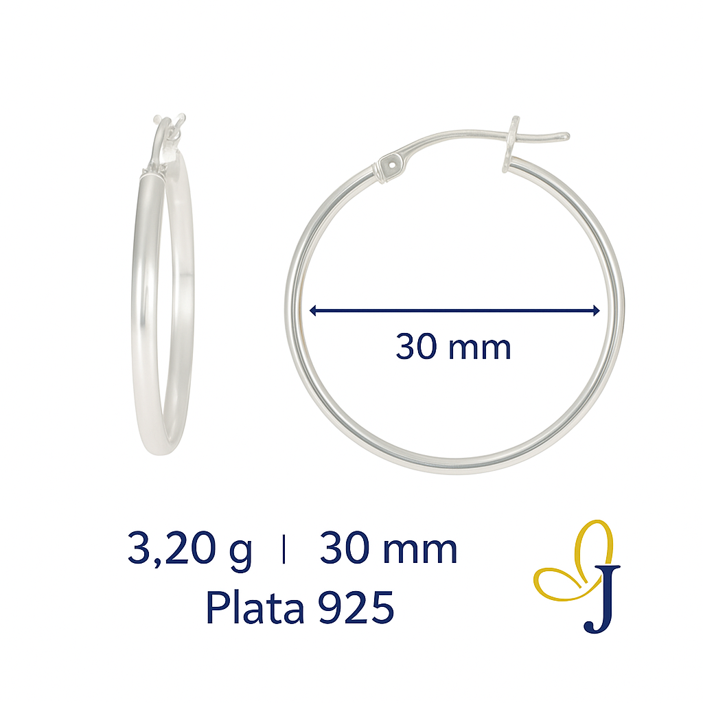 Arete Delgado De Plata 925 Liso De 30 Mm