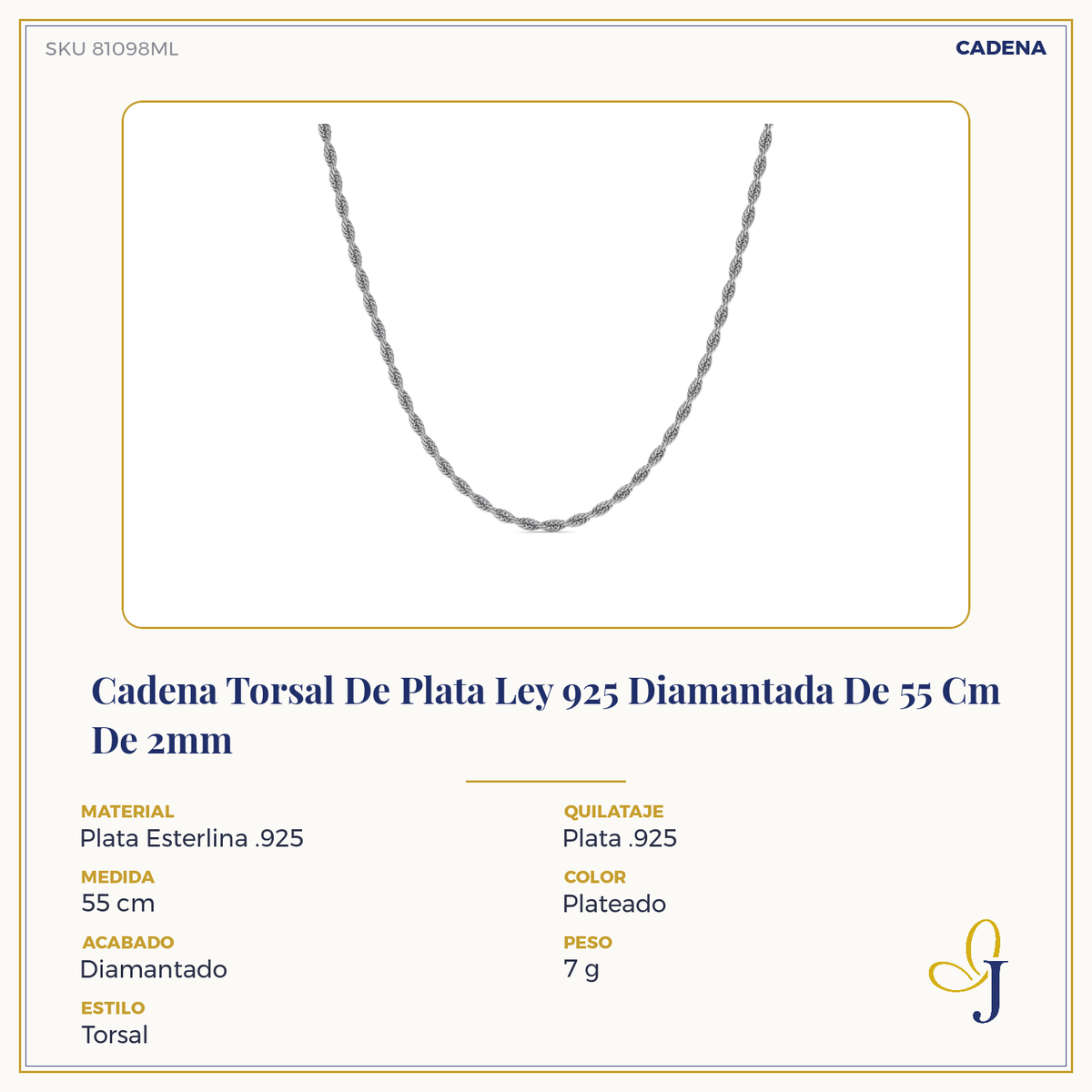 Cadena Torsal De Plata Ley 925 Diamantada De 55 Cm De 2mm