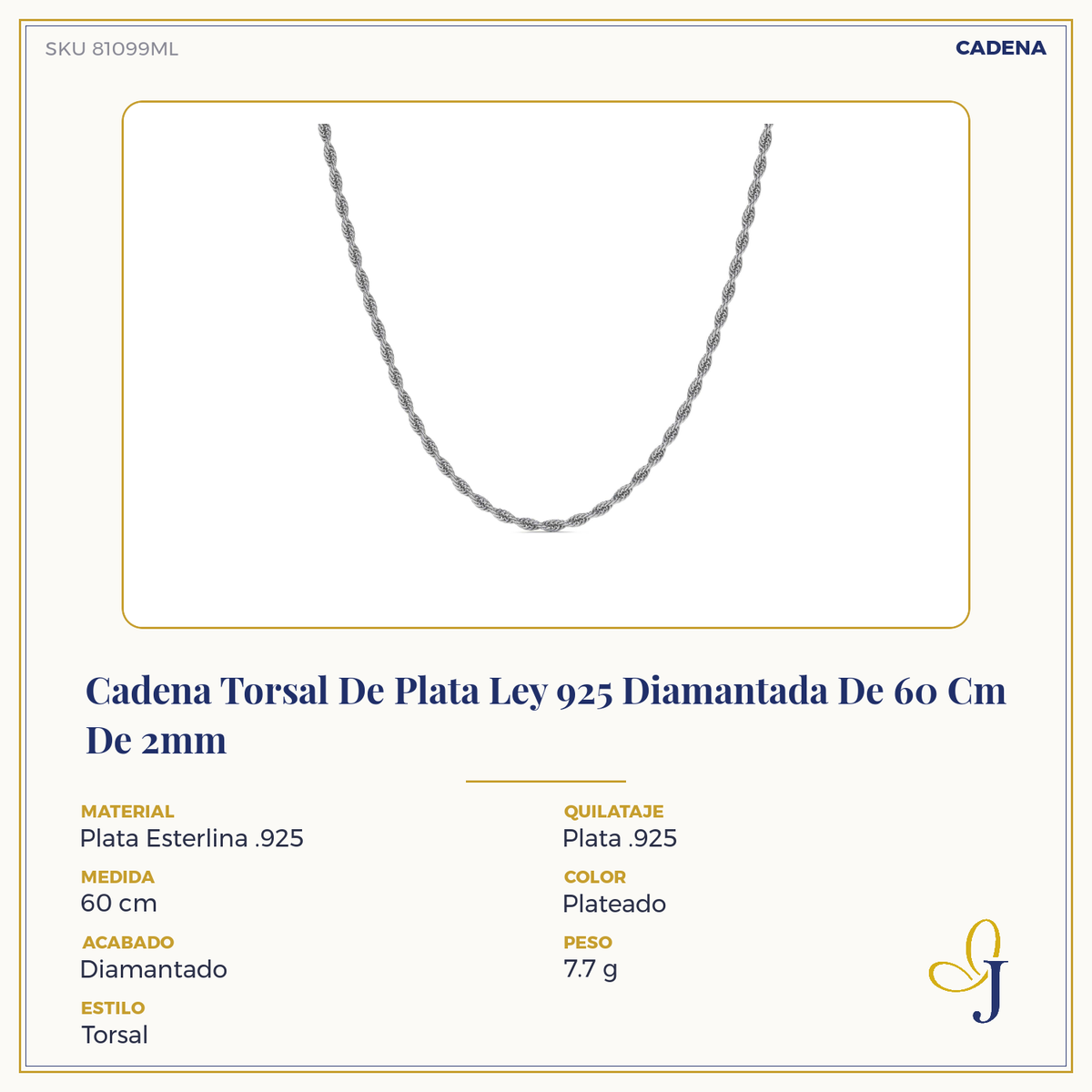 Cadena Torsal De Plata Ley 925 Diamantada De 55 Cm De 2mm