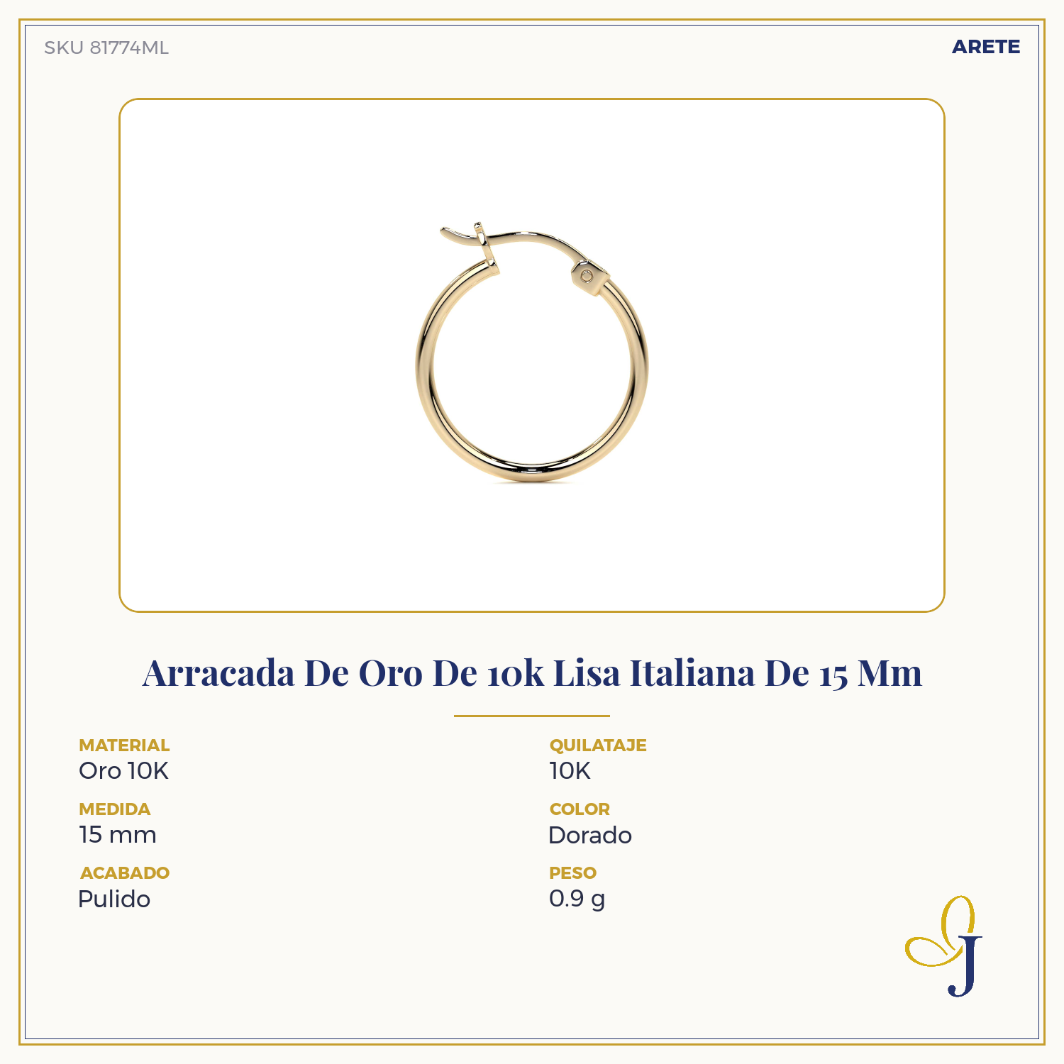 Arracada De Oro De 10k Lisa Italiana De 15 Mm