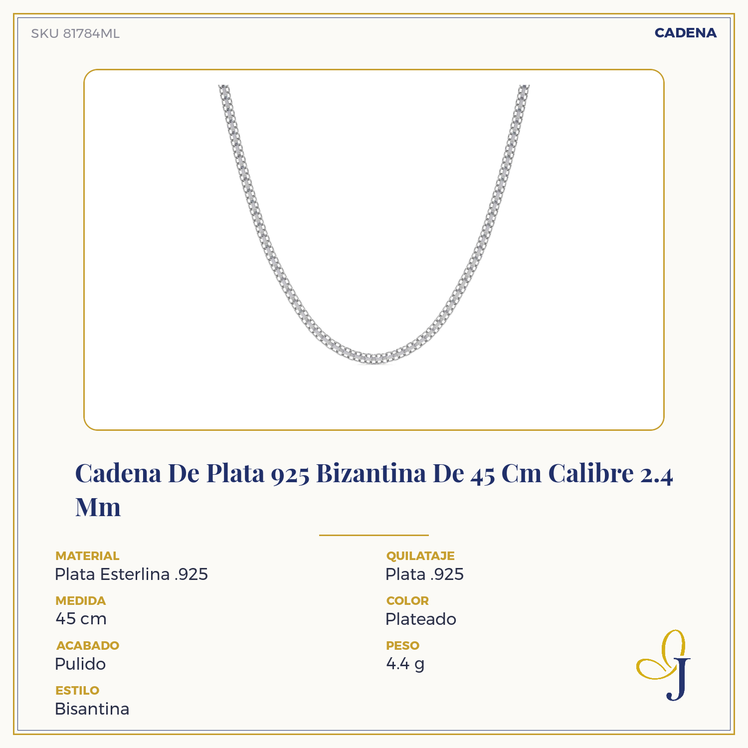 Cadena De Plata 925 Bizantina De 45 Cm Calibre 2.4 Mm