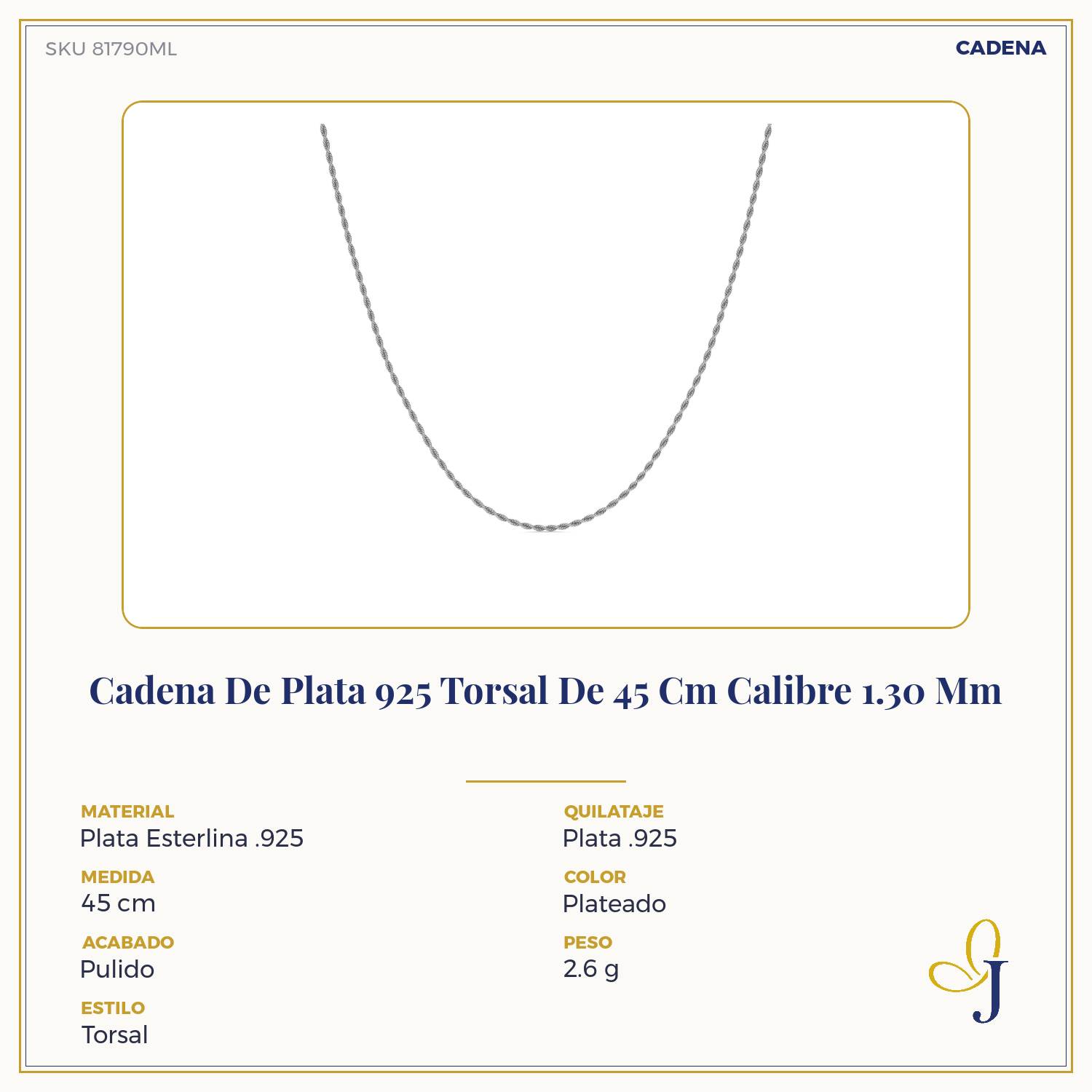 Cadena De Plata 925 Torsal De 45 Cm Calibre 1.30 Mm