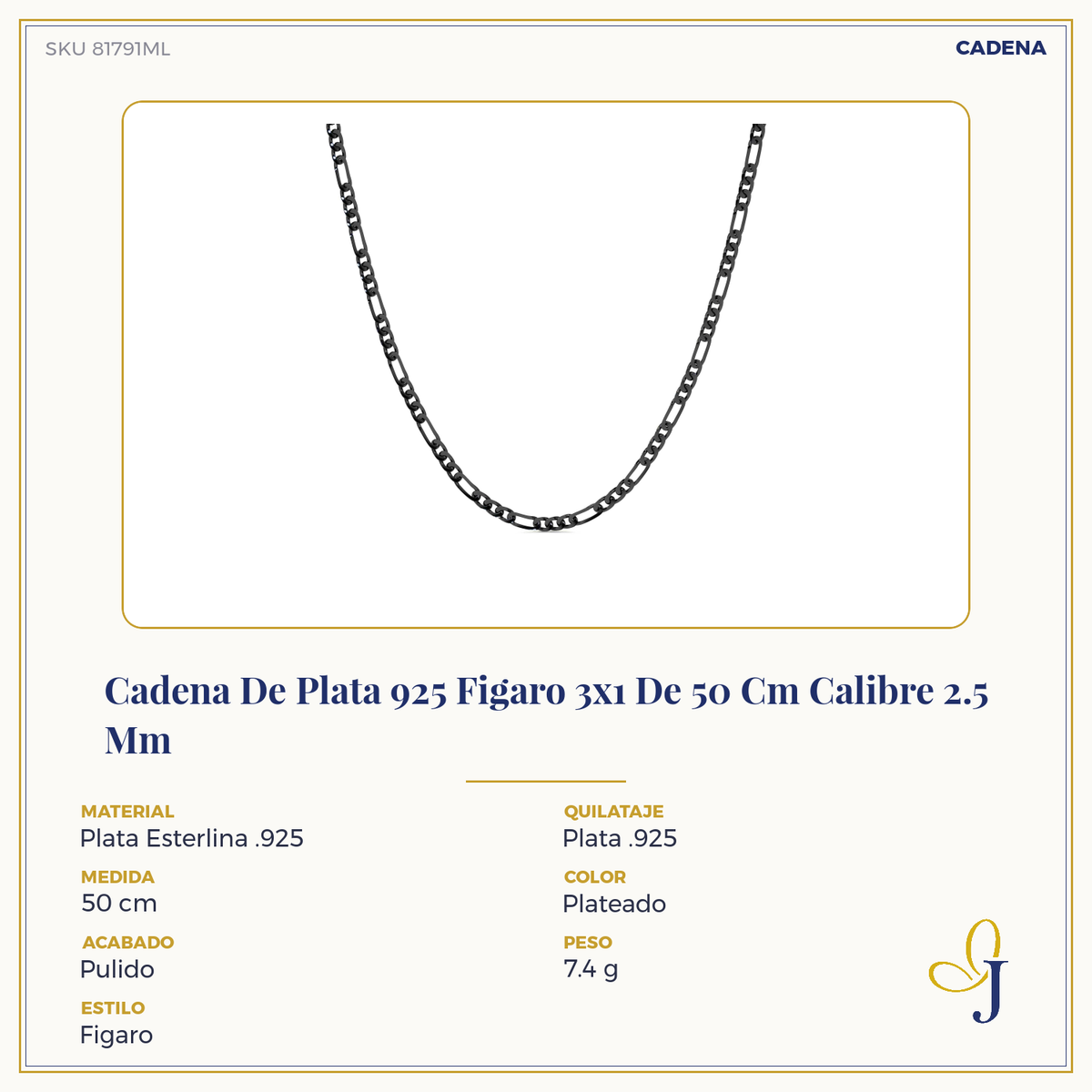 Cadena De Plata 925 Figaro 3x1 de 50 Cm Calibre 2.5 Mm