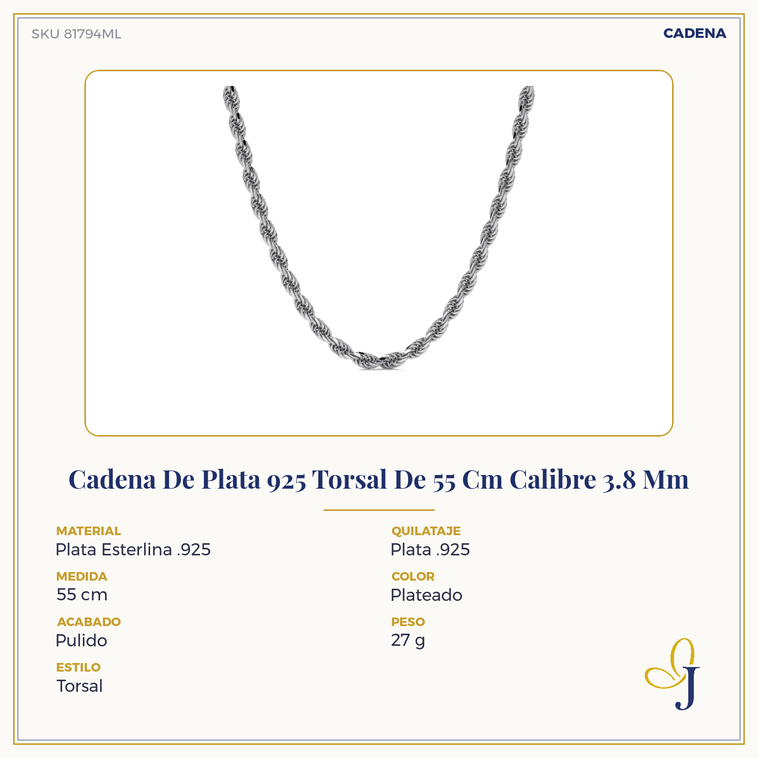 Cadena De Plata 925 Torsal De 55 Cm Calibre 3.8 Mm