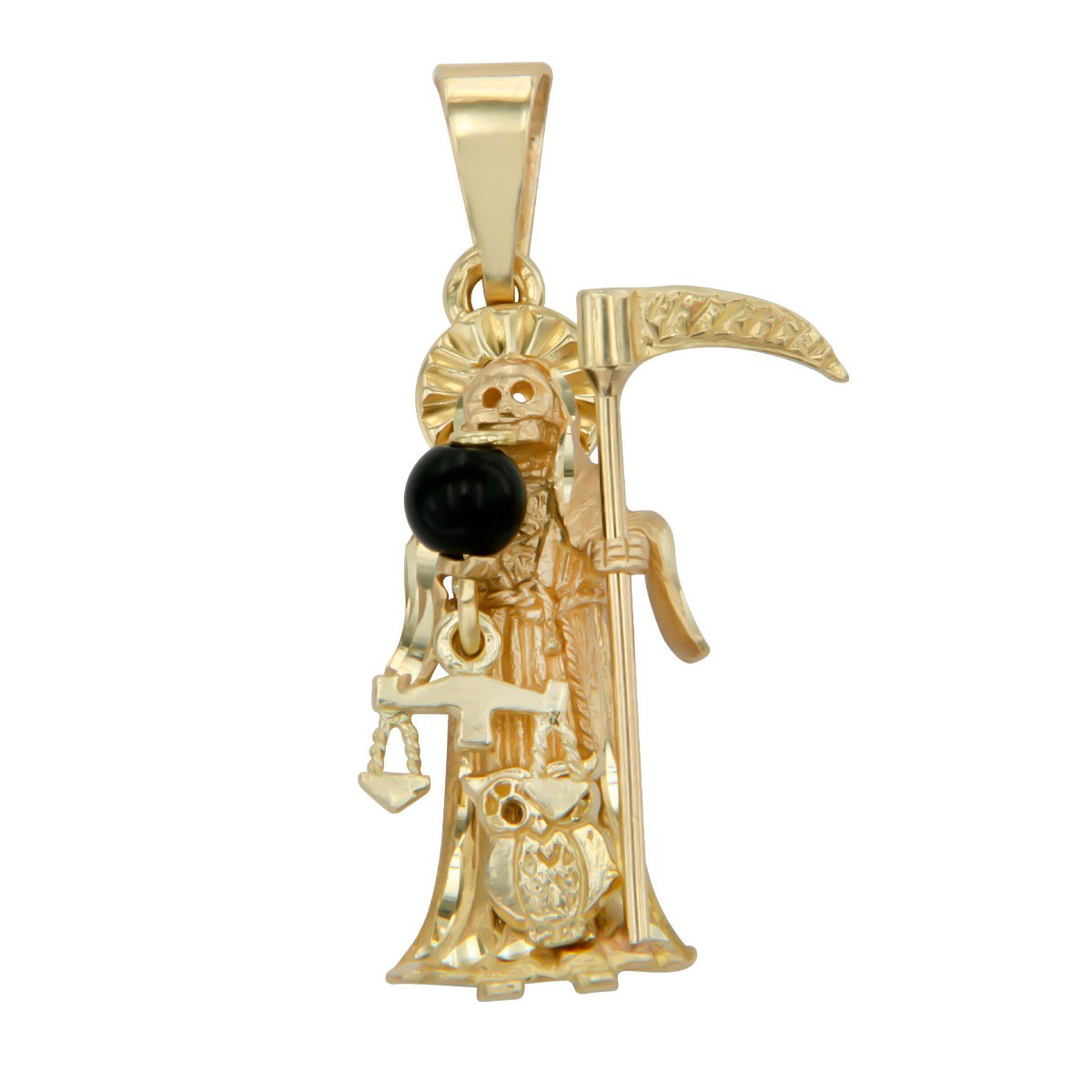 Dije De Oro 10k La Santa Muerte Con Piedra Ónix 4 Cm