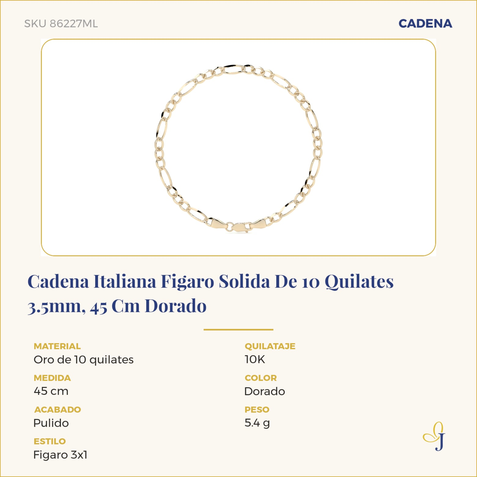 Cadena Italiana Figaro Solida De 10 Quilates 3.5mm, 45 Cm Dorado