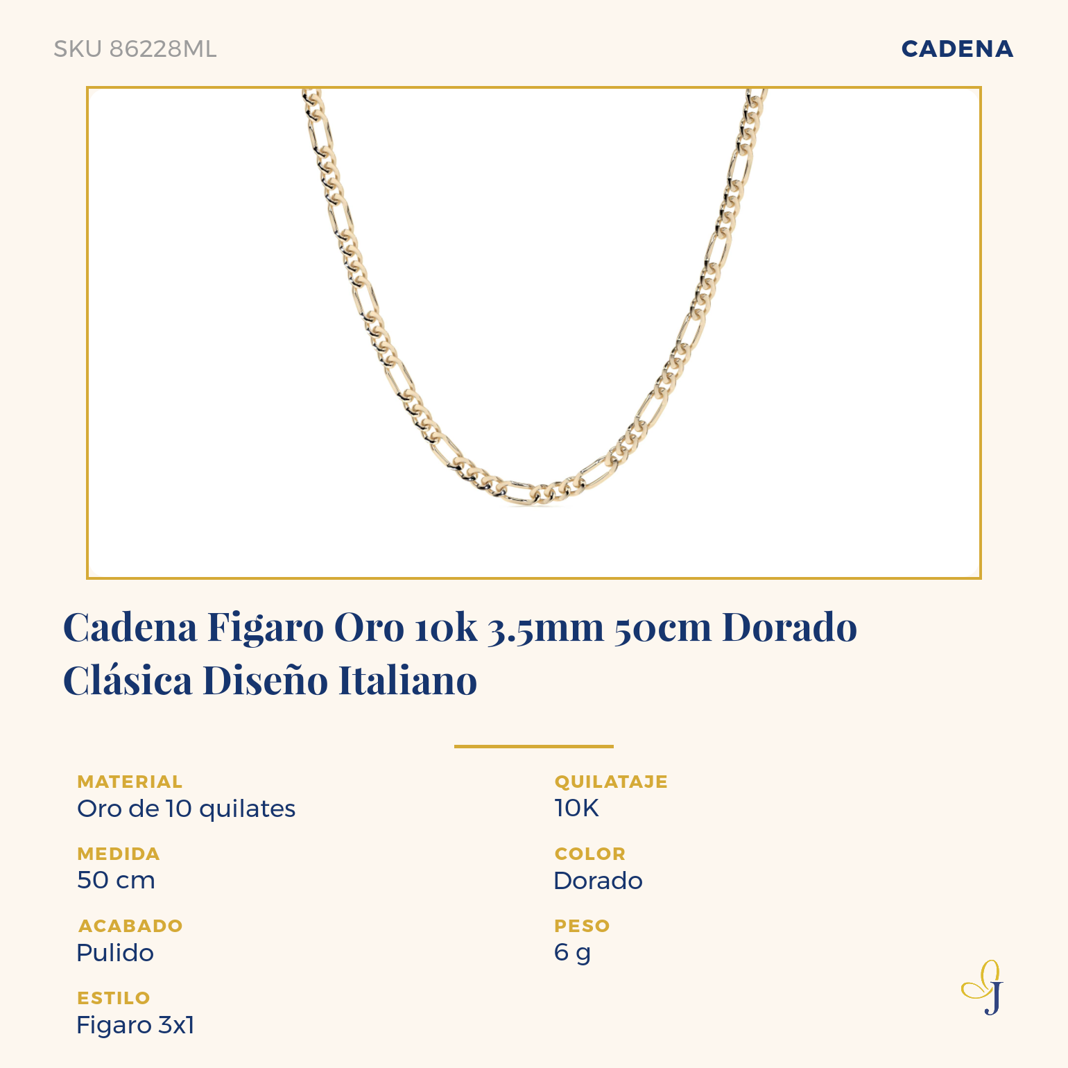 Cadena Italiana Figaro Solida De 10 Quilates 3.5mm, 45 Cm Dorado