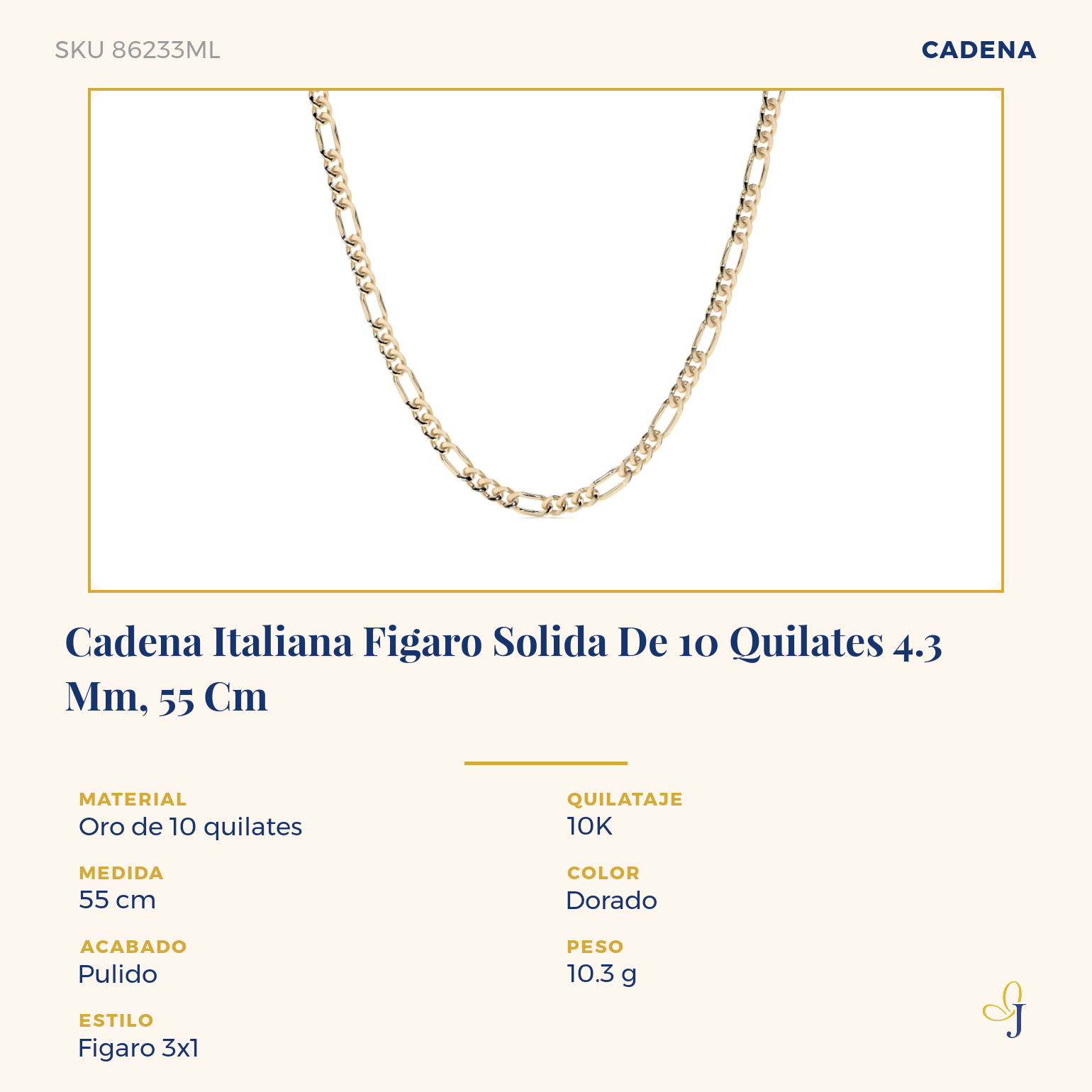 Cadena Figaro Oro 10k 4.3mm 50cm Dorado Clásica Diseño Italiano