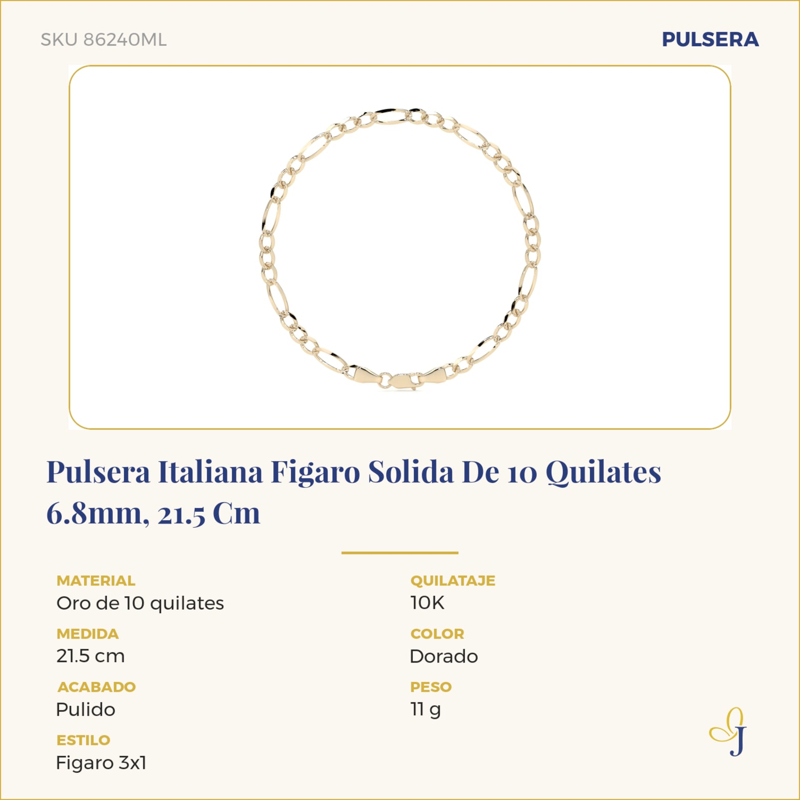 Pulsera Italiana Figaro Solida De 10 Quilates 6.8mm, 21.5 Cm