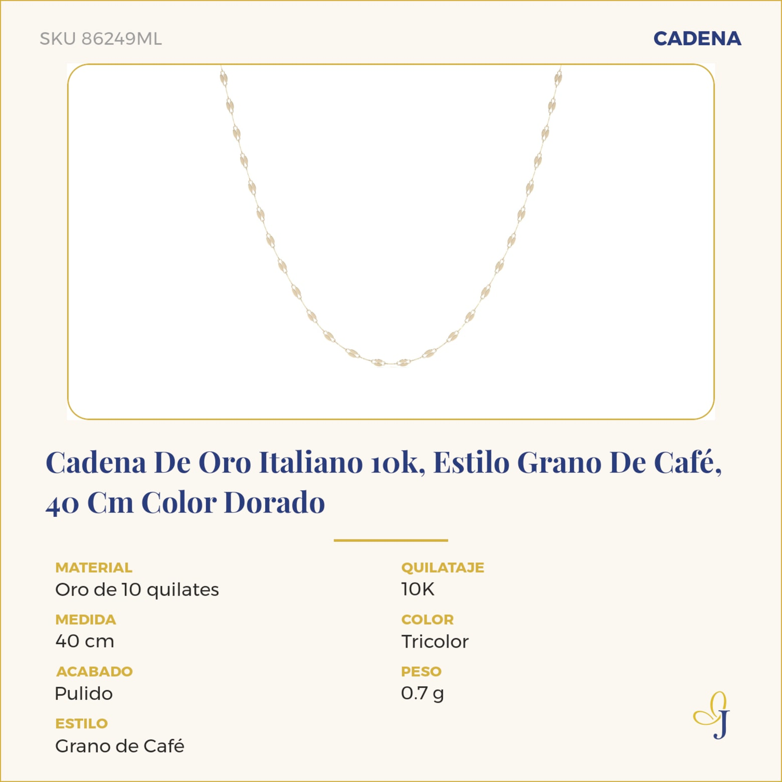 Cadena De Oro Italiano 10k, Estilo Grano De Café, 40 Cm Color Dorado