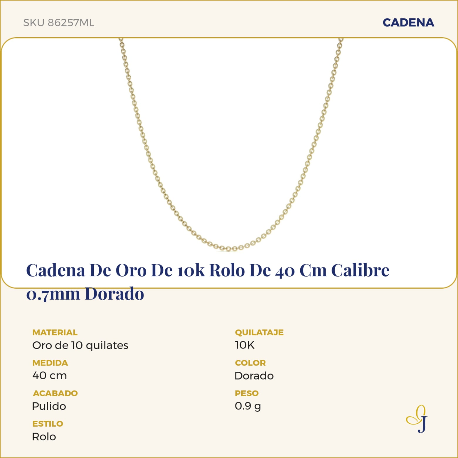 Cadena De Oro De 10k Rolo De 55 Cm Calibre 0.7mm