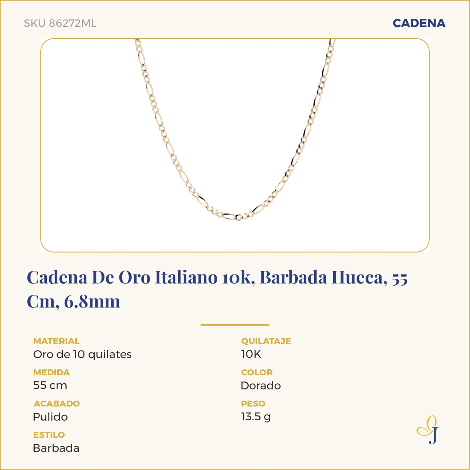 Cadena De Oro Italiano 10k, Barbada Hueca, 55 Cm, 6.8mm