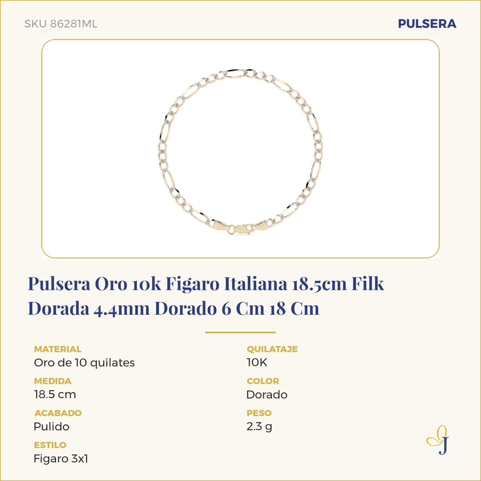 Pulsera Oro 10k Figaro Italiana 18.5cm Filk Dorada 4.4mm Dorado 6 Cm 18 Cm