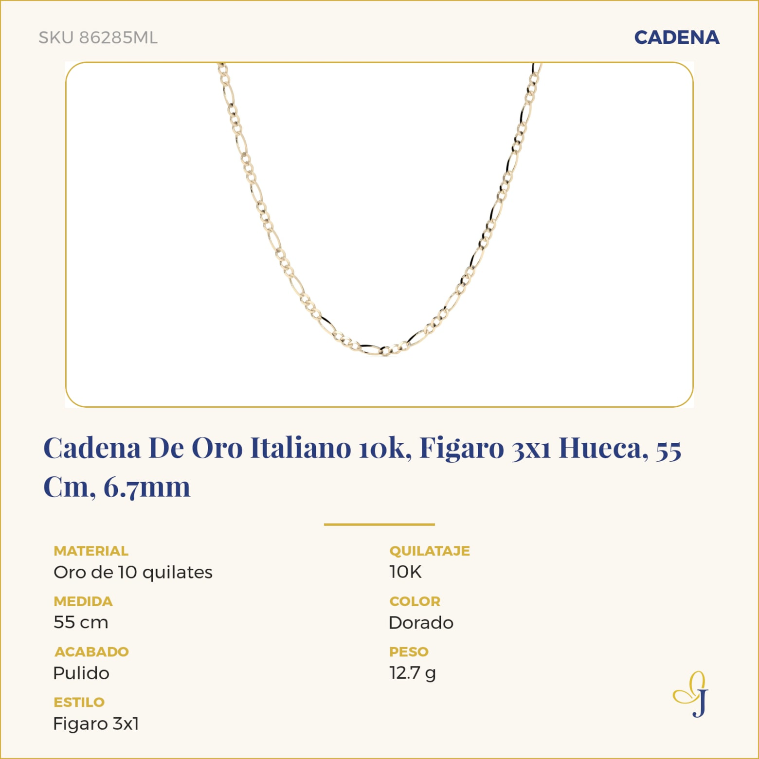 Cadena De Oro Italiano 10k, Figaro 3x1 Hueca, 55 Cm, 6.7mm