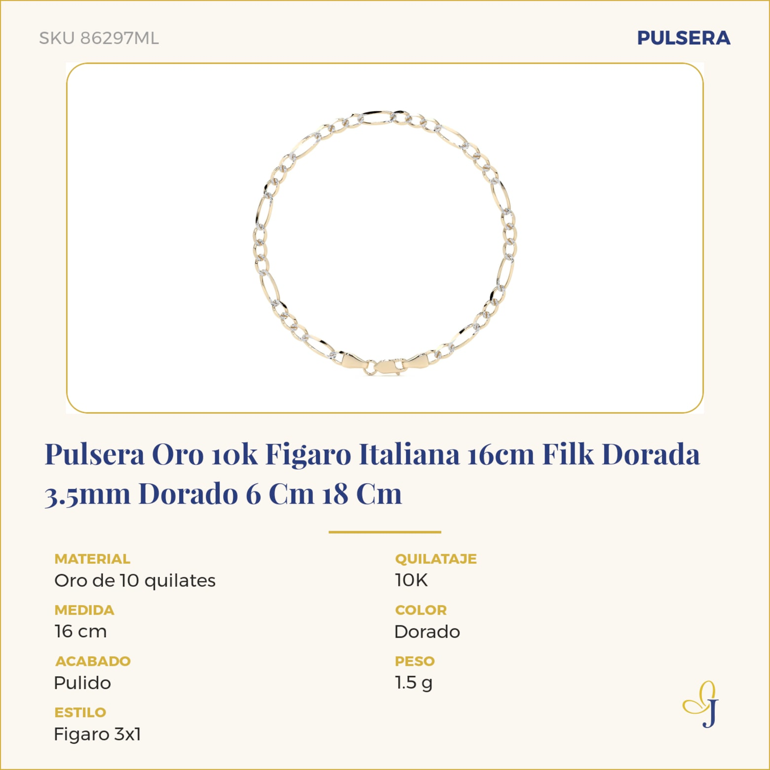 Pulsera Oro 10k Figaro Italiana 16cm Filk Dorada 3.5mm Dorado 6 Cm 18 Cm