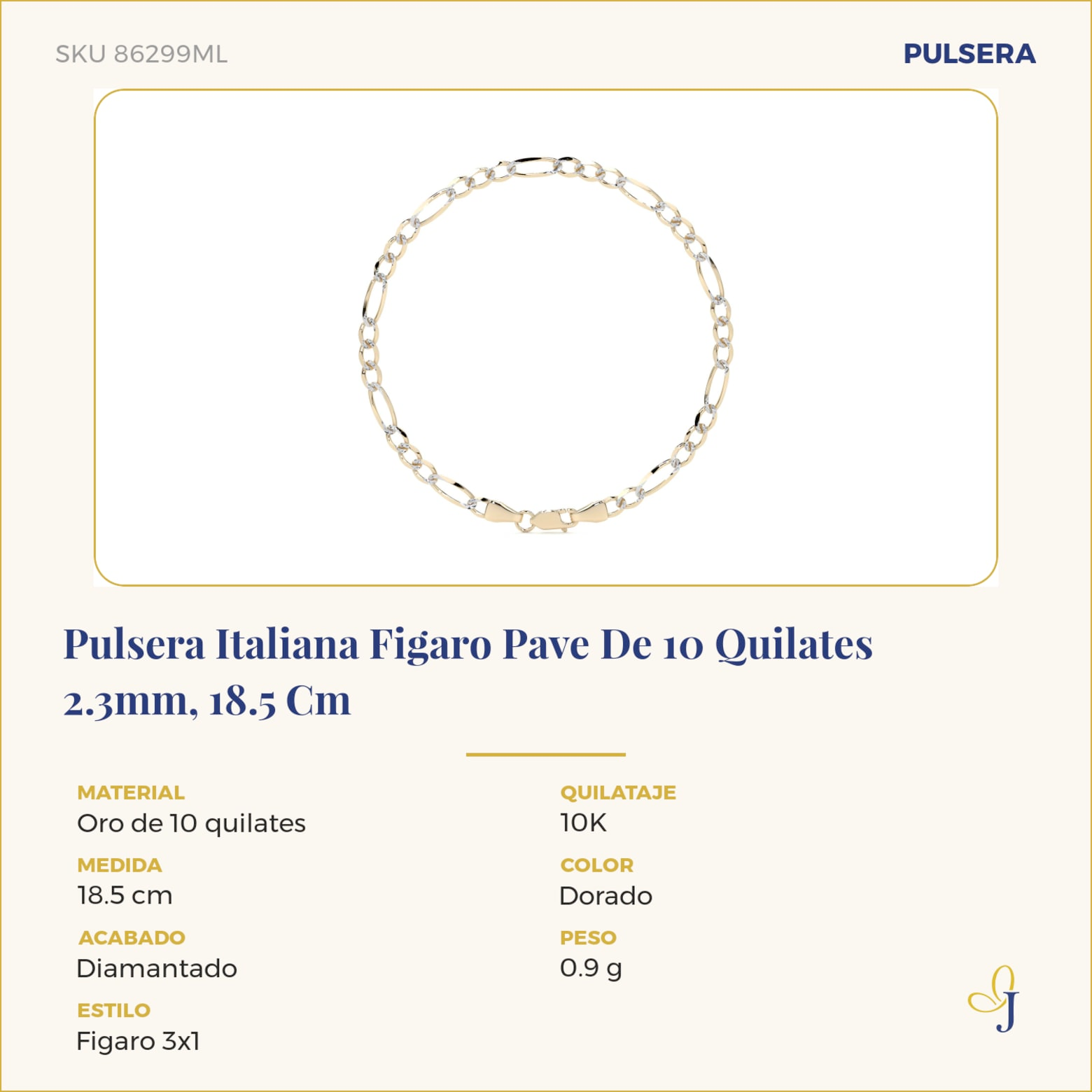 Pulsera Italiana Figaro Pave De 10 Quilates 2.3mm, 18.5 Cm