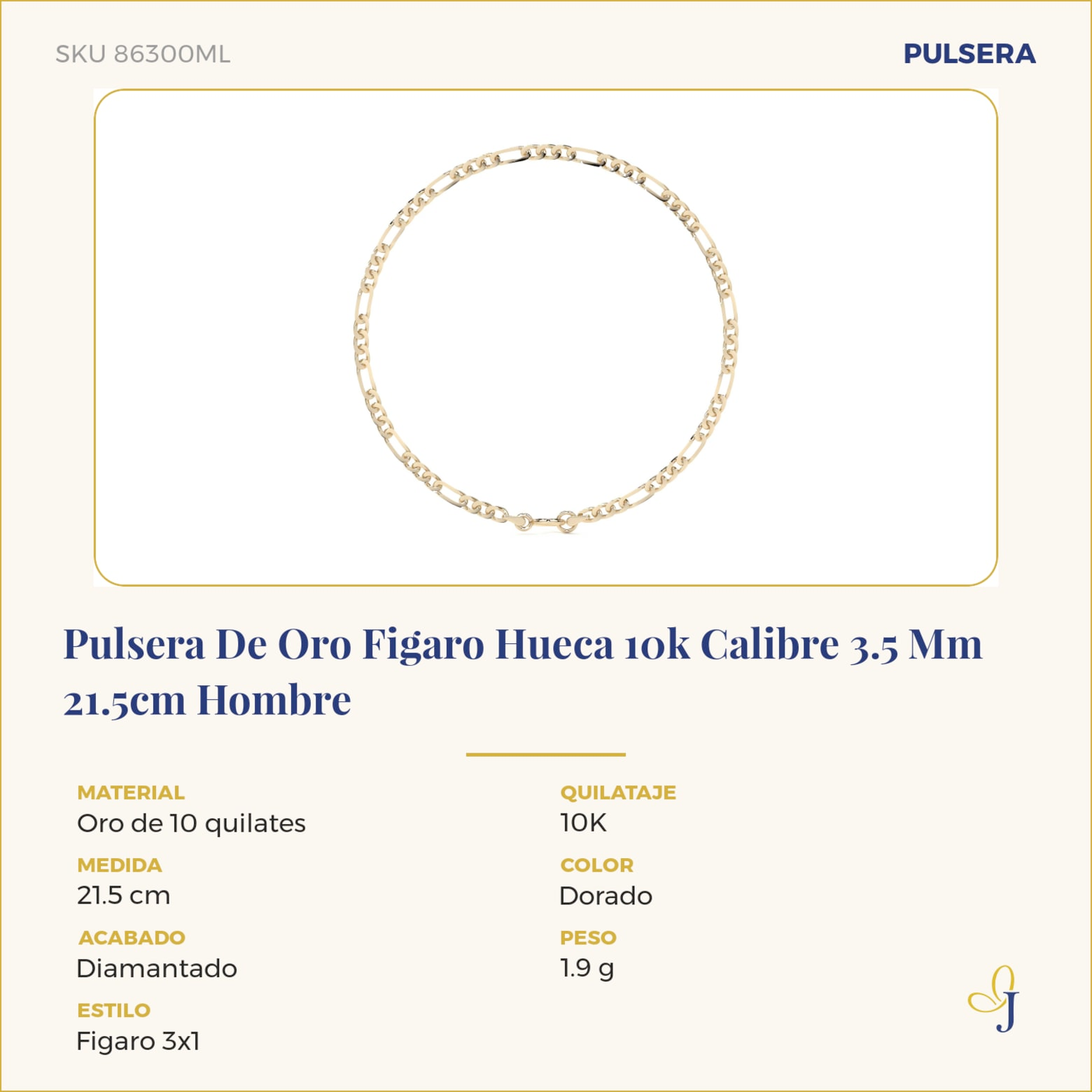 Pulsera De Oro Figaro Hueca 10k Calibre 3.5 Mm 21.5cm Hombre