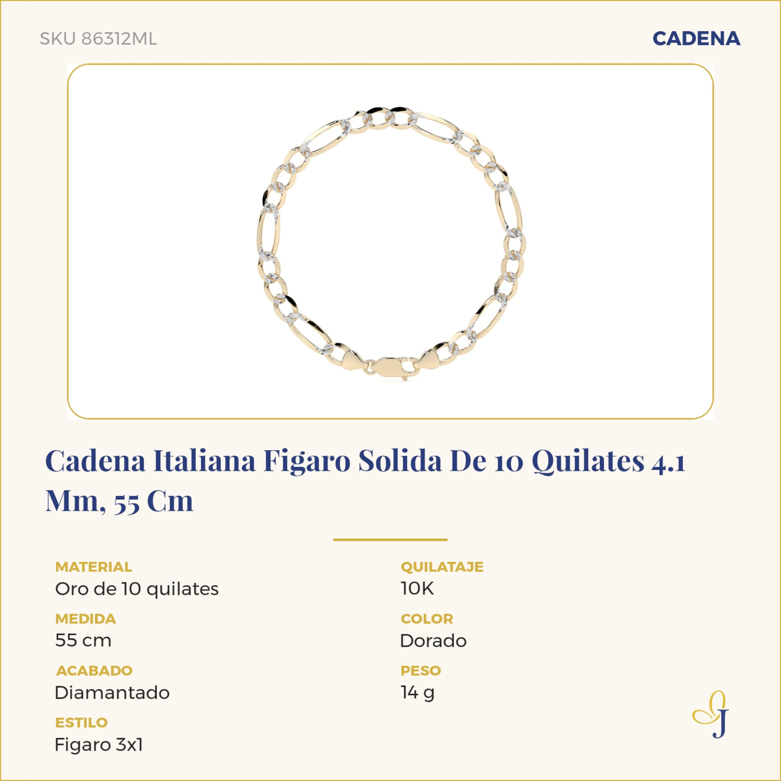 Cadena Italiana Figaro Solida De 10 Quilates 4.1 Mm, 55 Cm