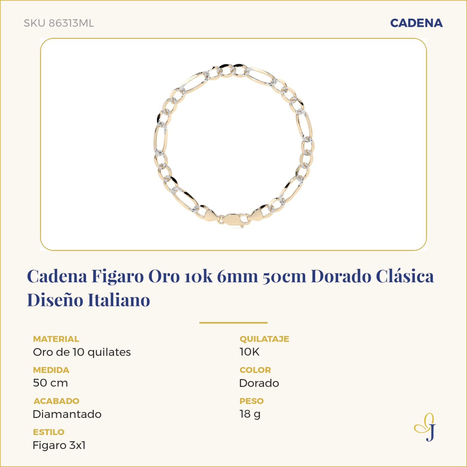Cadena Figaro Oro 10k 6mm 50cm Dorado Clásica Diseño Italiano