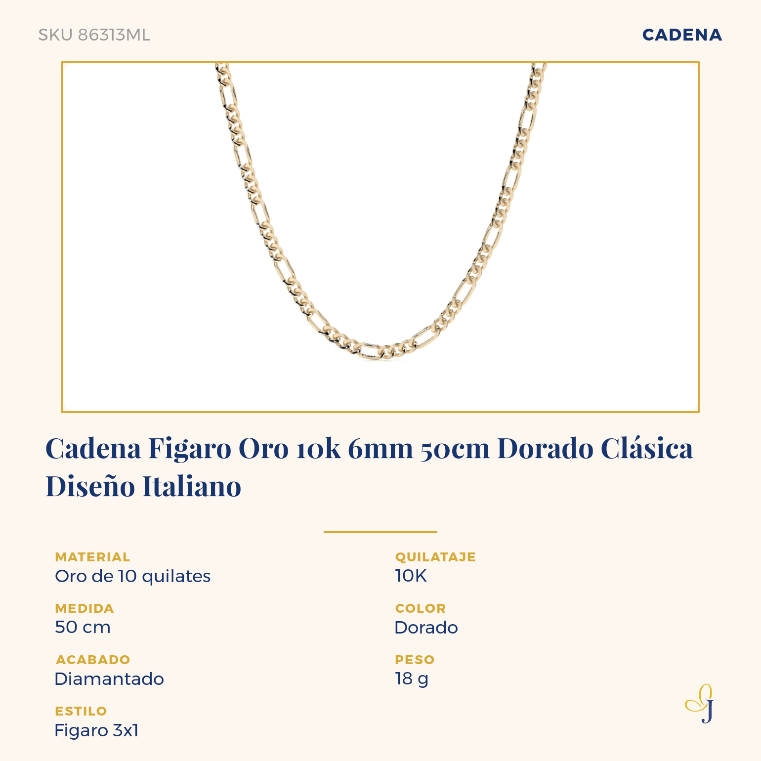 Cadena Figaro Oro 10k 6mm 50cm Dorado Clásica Diseño Italiano