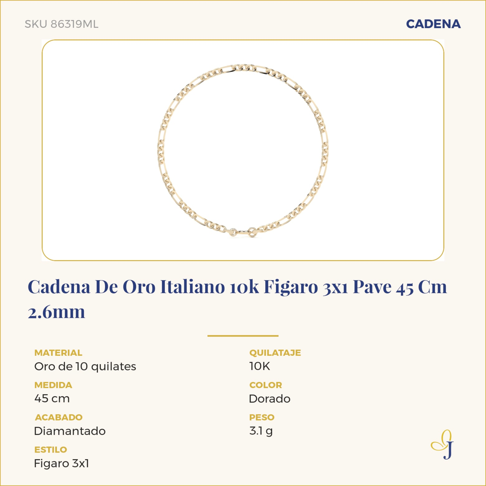 Cadena De Oro Italiano 10k Figaro 3x1 Pave 45 Cm 2.6mm
