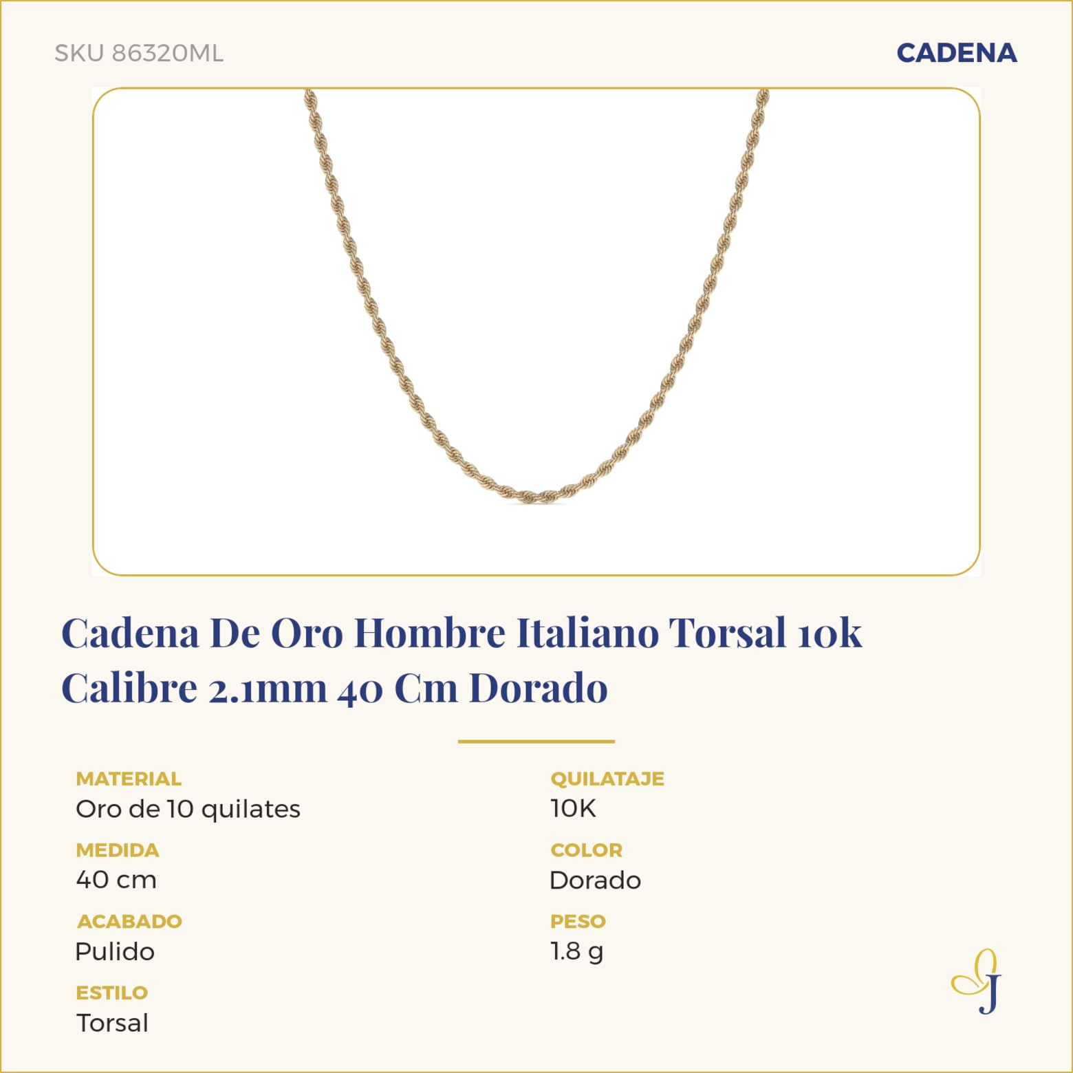 Cadena De Oro Hombre Italiano Torsal 10k Calibre 2.1mm 40 Cm Dorado